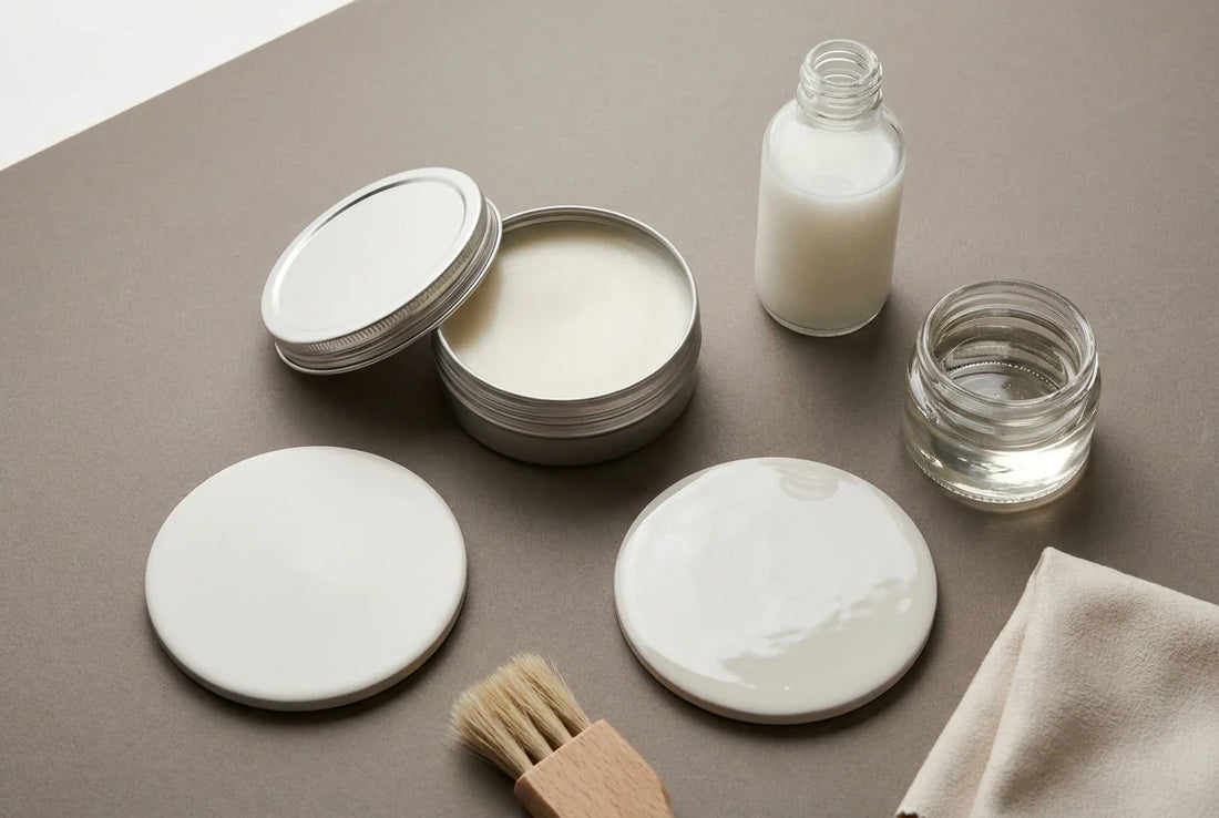 Wax tin, milky white acrylic sealer and glass-effect varnish beside two coasters showing contrasting sheen finishes