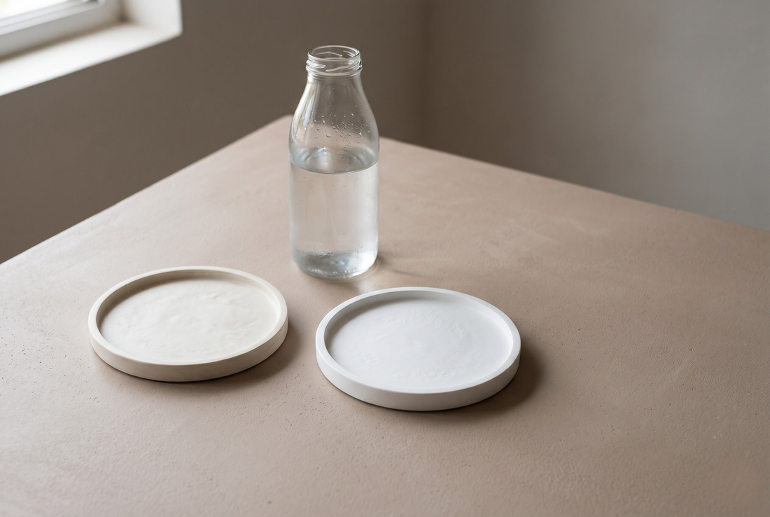 Two cast resin coasters in off-white and brilliant white, made with CALSO ONE by Artriso, Hyderabad