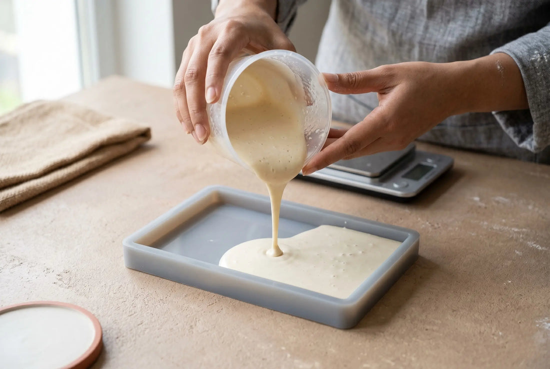 Hands pouring CALSO ONE eco resin slurry into a silicone tray mould in a studio in Hyderabad, India