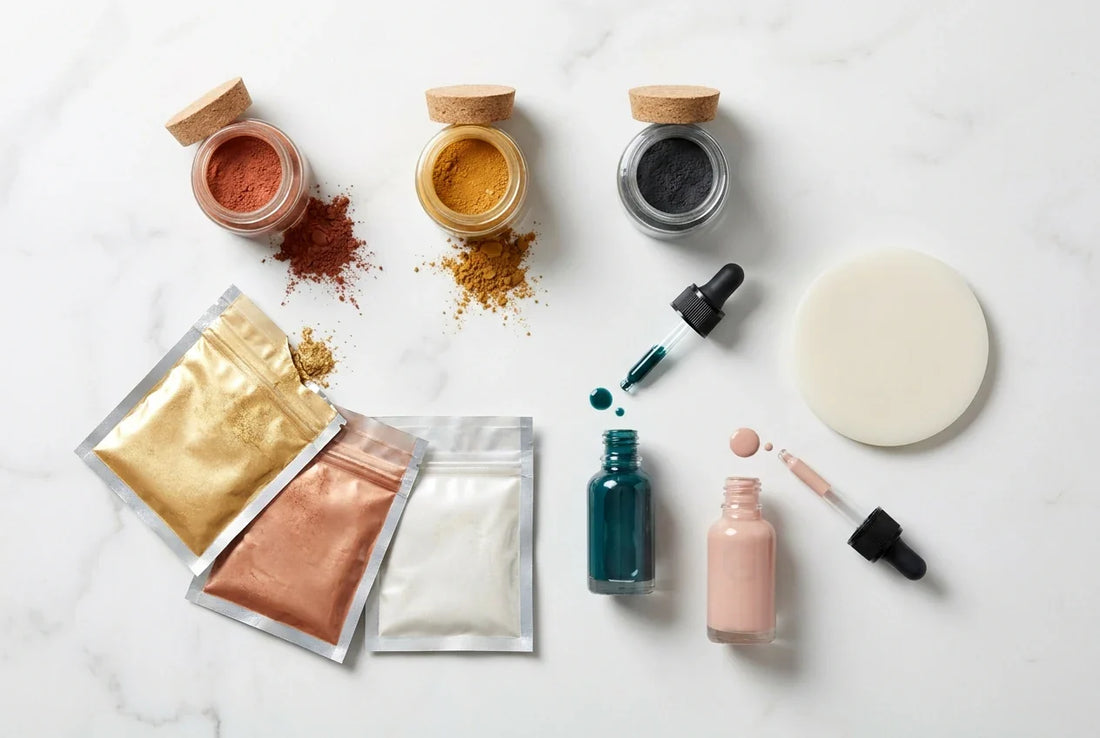 Oxide pigments, mica powders and liquid pigment bottles beside a cured CALSO ONE eco resin swatch