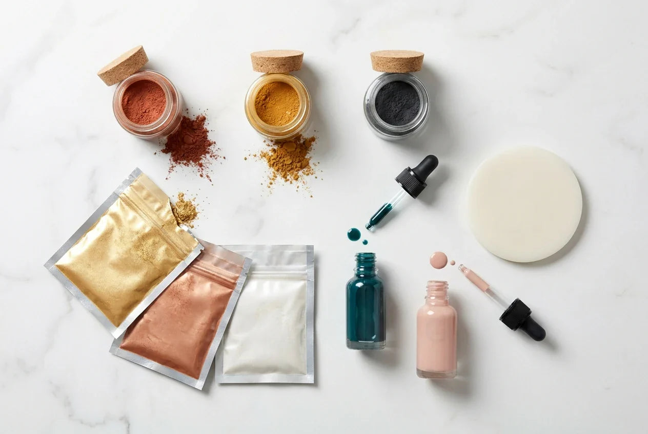 Oxide pigments, mica powders and liquid pigment bottles beside a cured CALSO ONE eco resin swatch