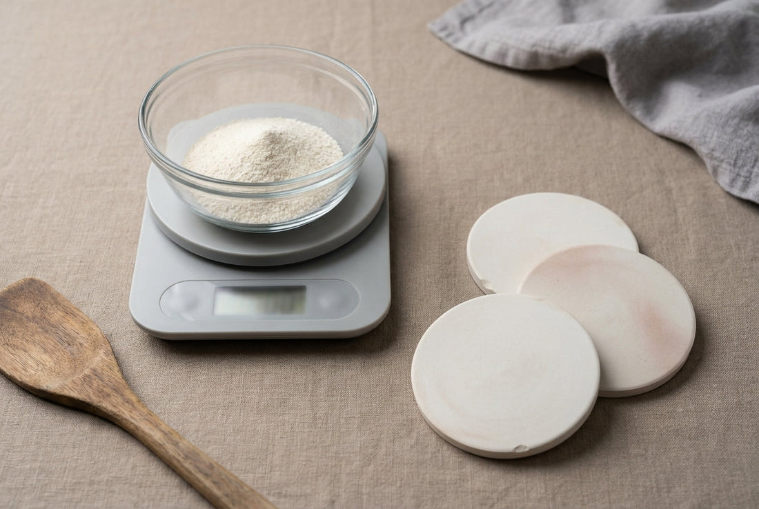 Digital scale weighing eco resin powder beside finished coasters on a studio bench, illustrating cost per piece
