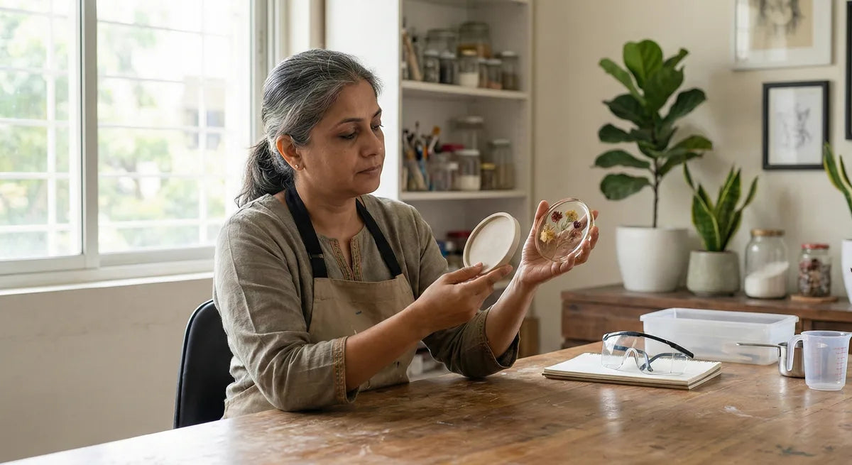 Eco resin and epoxy resin compared in an indoor Indian studio setting