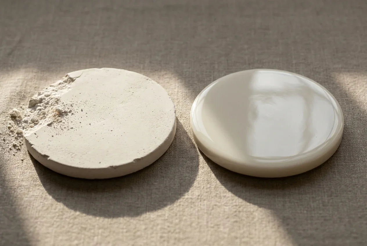 Plaster of paris coaster with a chipped edge beside a smooth sealed CALSO ONE eco resin coaster