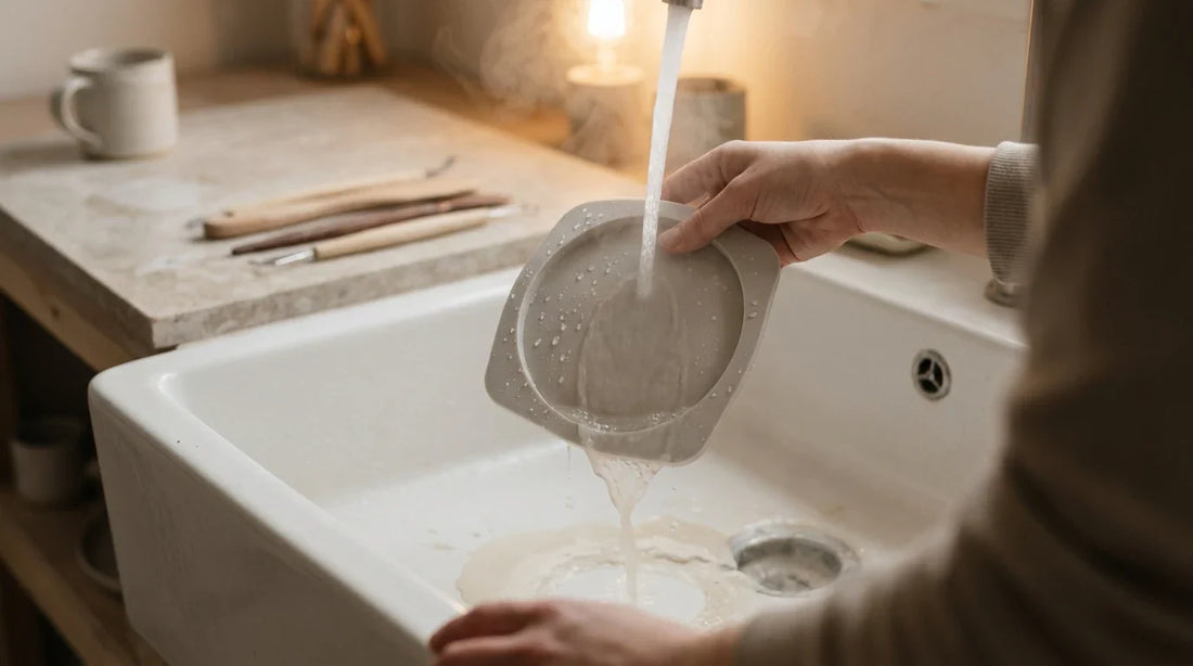 Silicone coaster mould being cleaned under hot running water in an Artriso studio sink after eco resin casting