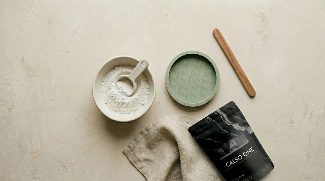 Hands mixing CALSO ONE eco resin powder with water in a silicone cup at a studio workbench in India