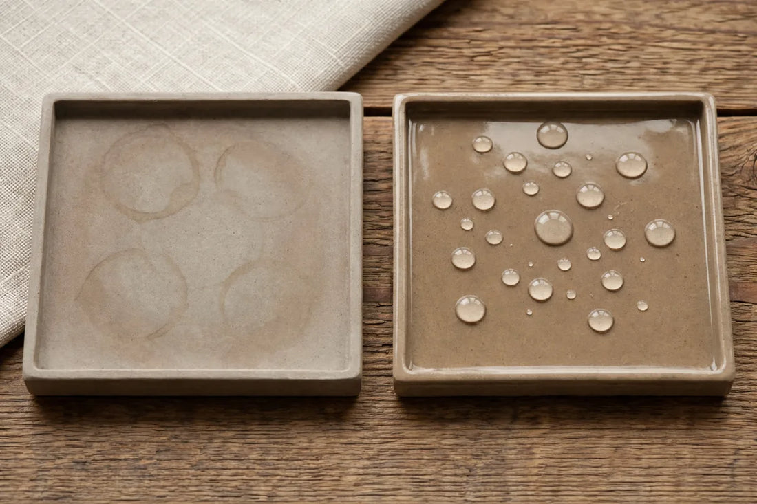 Sealed eco resin coaster on a studio bench beside a GlazeSeal bottle