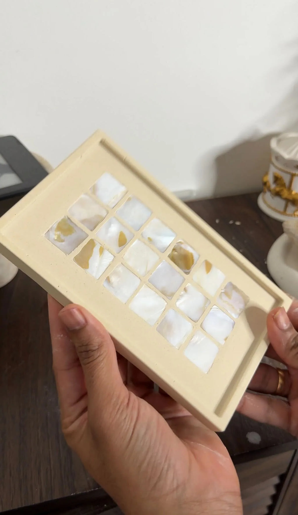 Eco resin terrazzo effect made with mother of pearl inlays