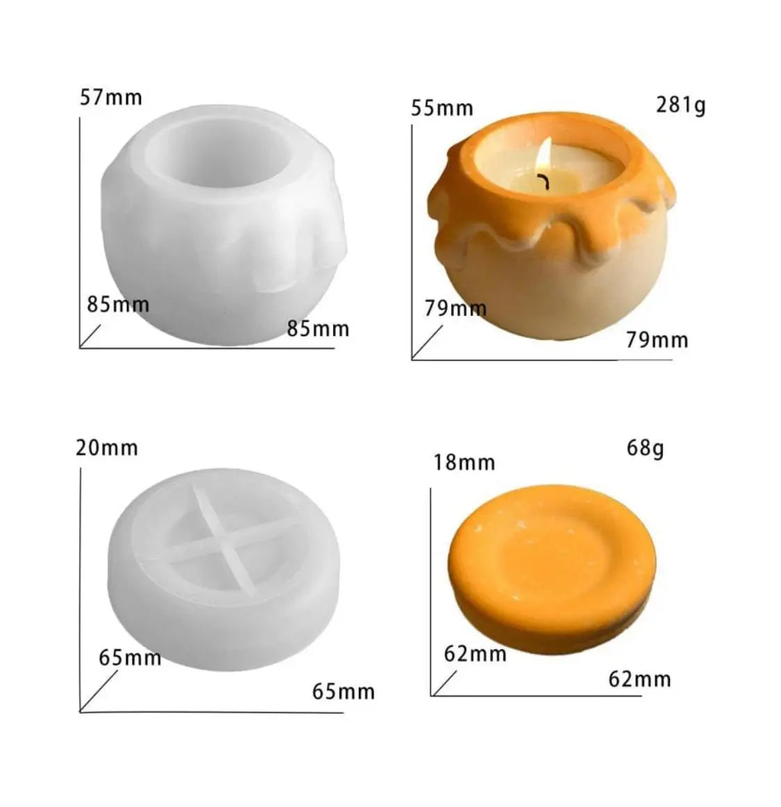 Four small candle molds or holders shown on a white background with dimension labels and weights: two white unlit versions and two orange/yellow lit versions, including measurements in millimeters and product weights in grams.